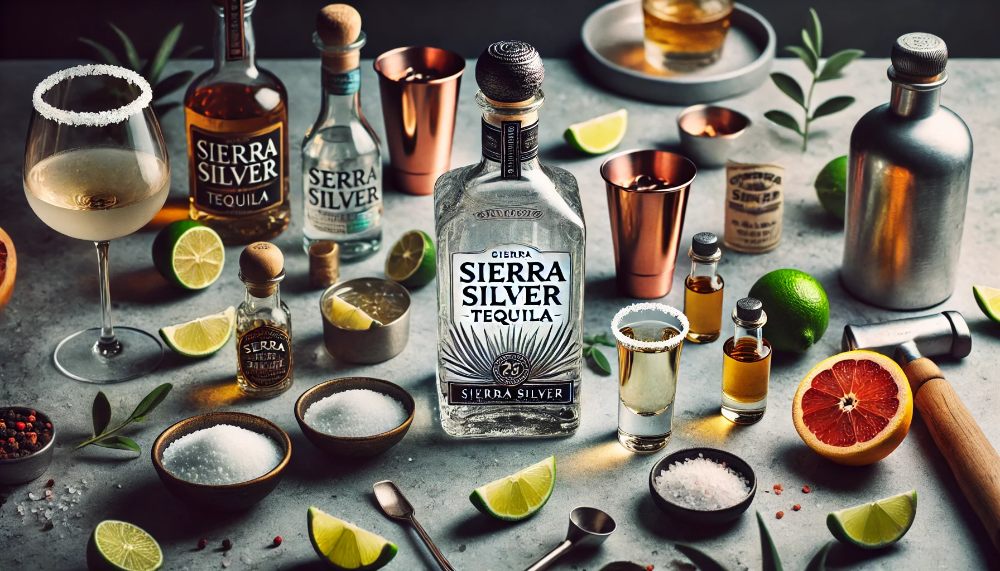 Пляшка Sierra Silver Tequila серед інгредієнтів для коктейлів на сучасному барі.